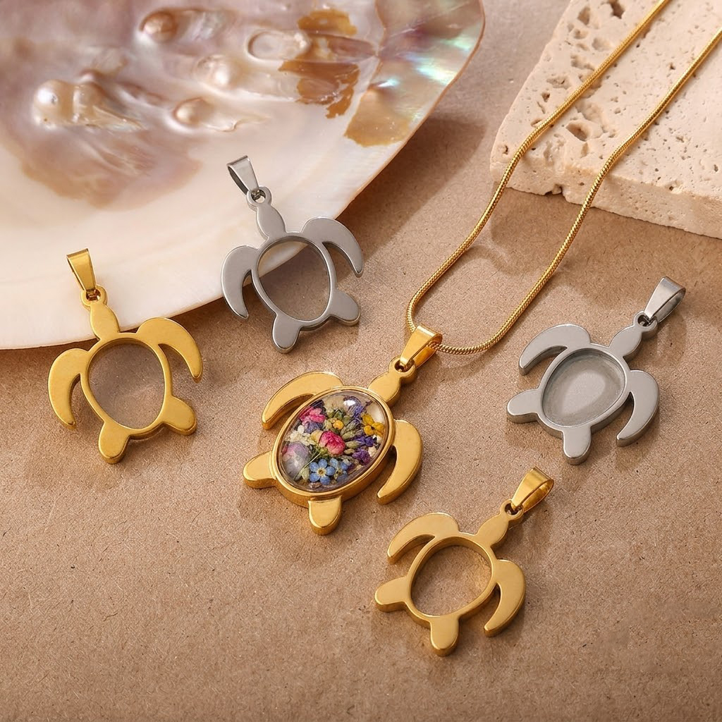 5pcs/Lot Stainless Steel Turtl - Bezels Set Pendant ulasan dan harga
